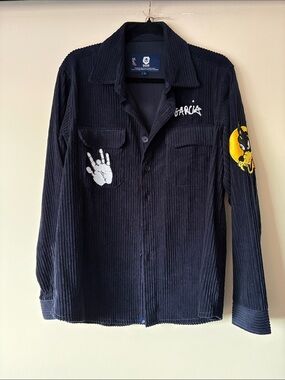 Garcia Upcycled Navy Corduroy Button-Down Shirt with Embroidered Patches